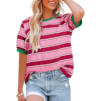 Women Striped Color Block Tee Casual Loose Fit Summer Top