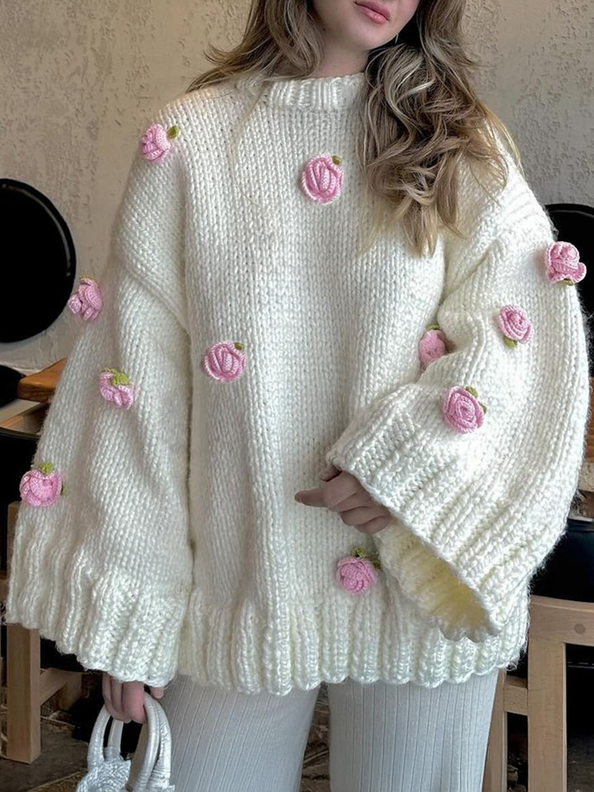 Women's Chunky Knit Oversized Floral Pullover Sweater
