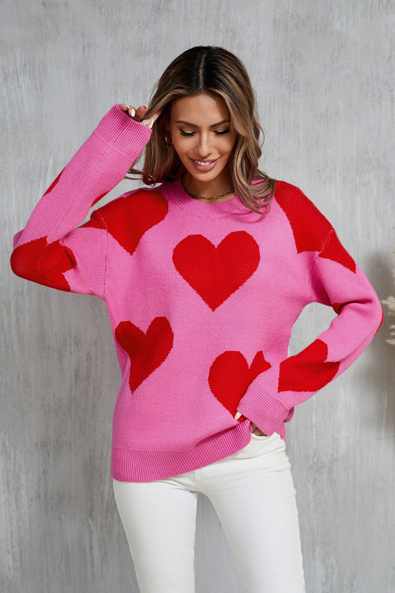 Valentine Heart Knit Sweater Pink Red Pullover Top