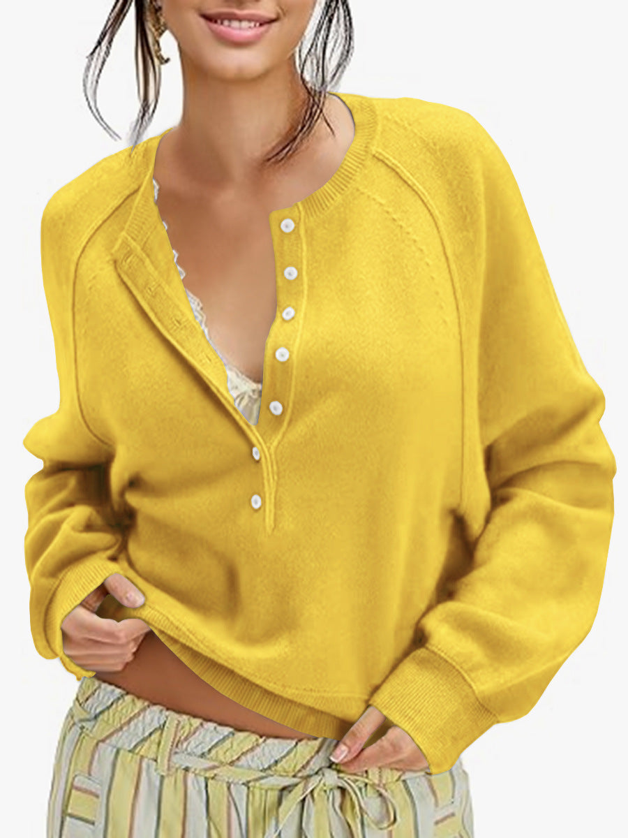 Women's Oversized Henley Sweater Button Front Knit Pullover