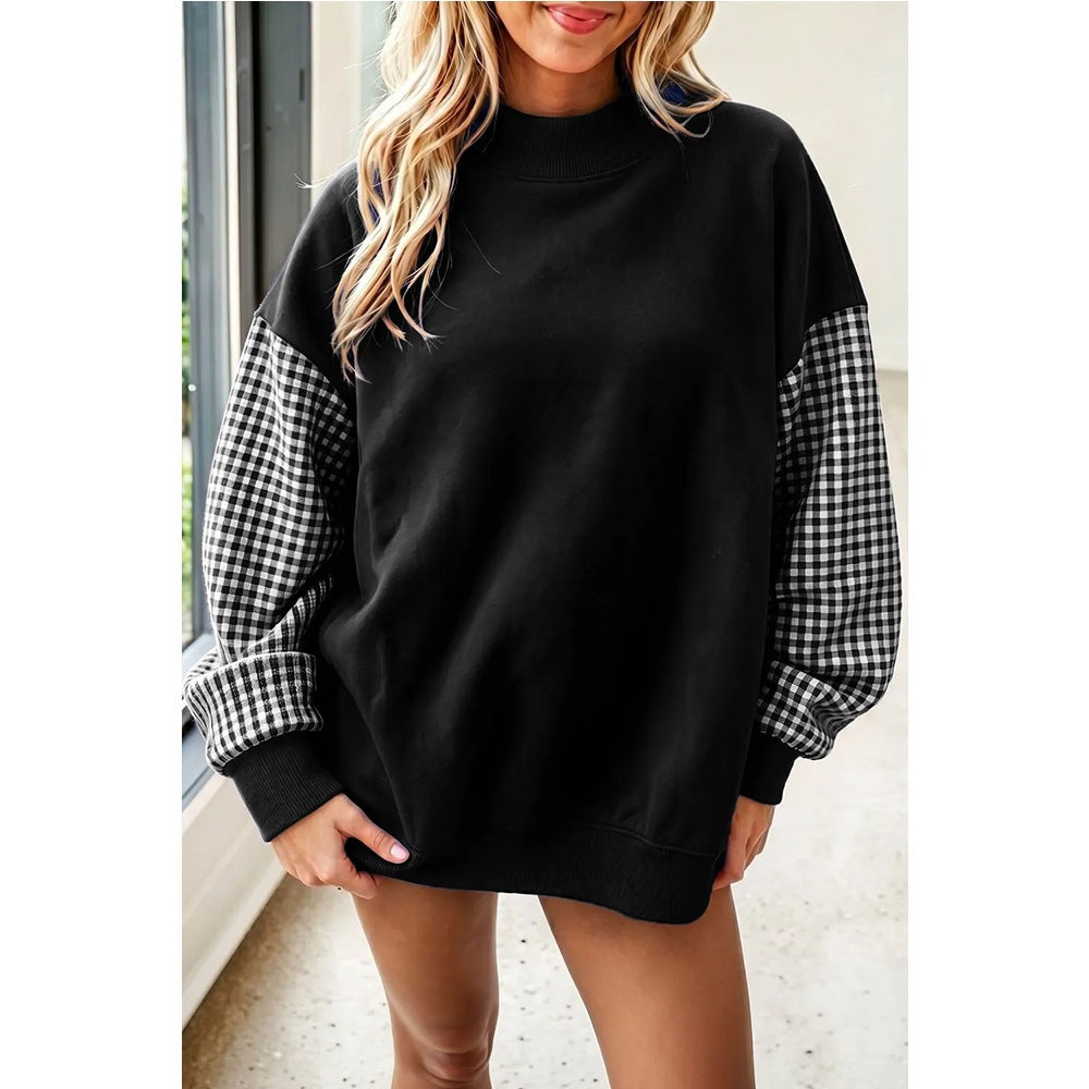 Plaid Sleeve Oversized Mock Neck Fleece Sweatshirt