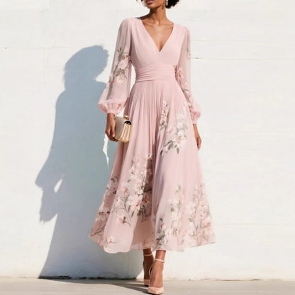 Floral V Neck Pleated Long Sleeve Maxi Dress