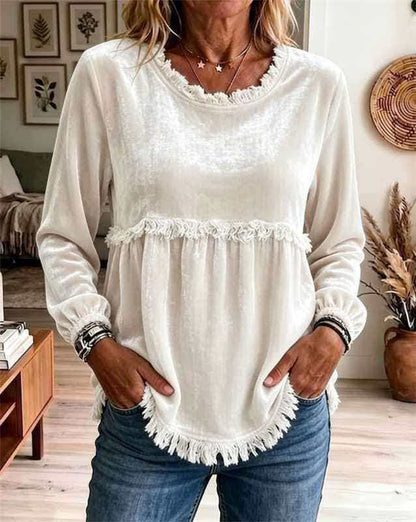 Women's Velvet Fringe Trim Long Sleeve Casual Top