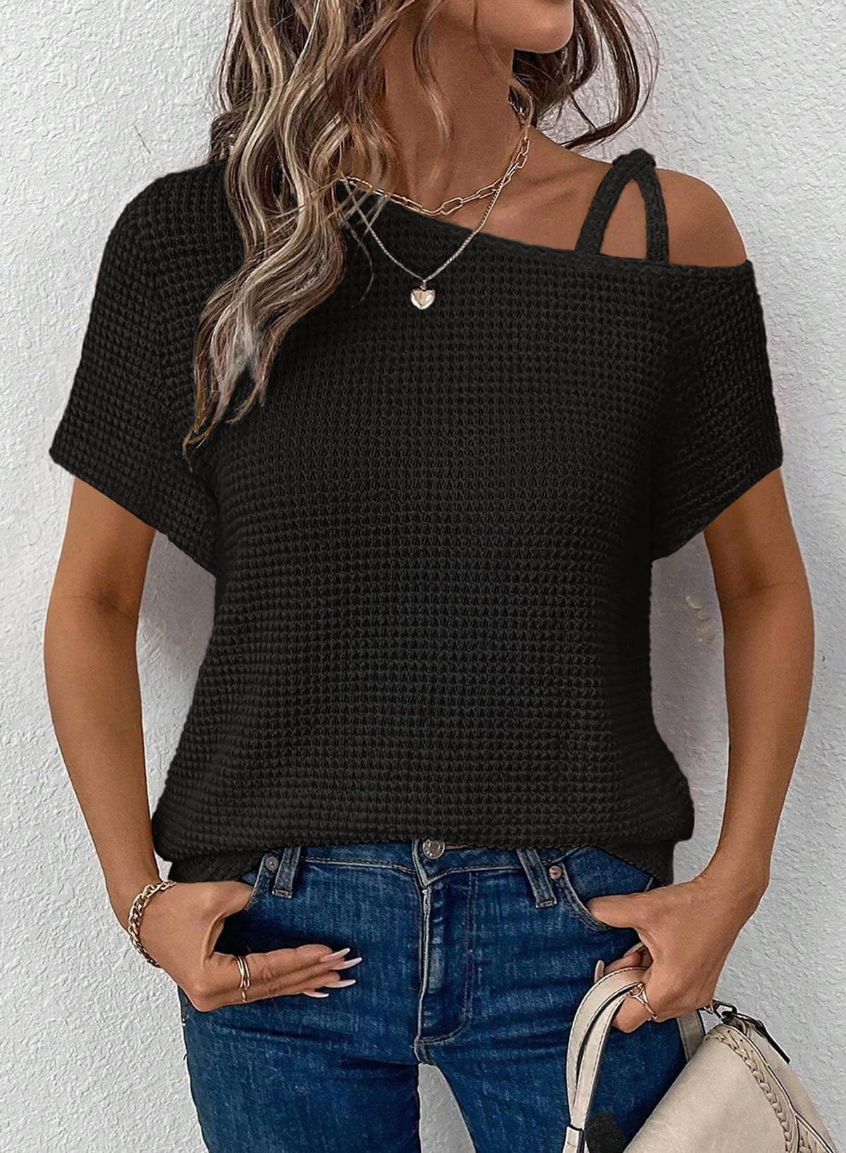 Women's Off-Shoulder Knit Top – Casual Summer Short Sleeve Blouse