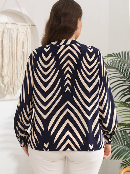 Geometric Print Plus Size V Neck Long Sleeve Blouse