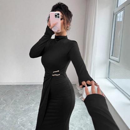 Mock Neck Ruched Bodycon Midi Dress with Gold Detail