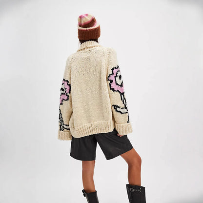 Women's Chunky Knit Floral Cardigan Oversized Sweater