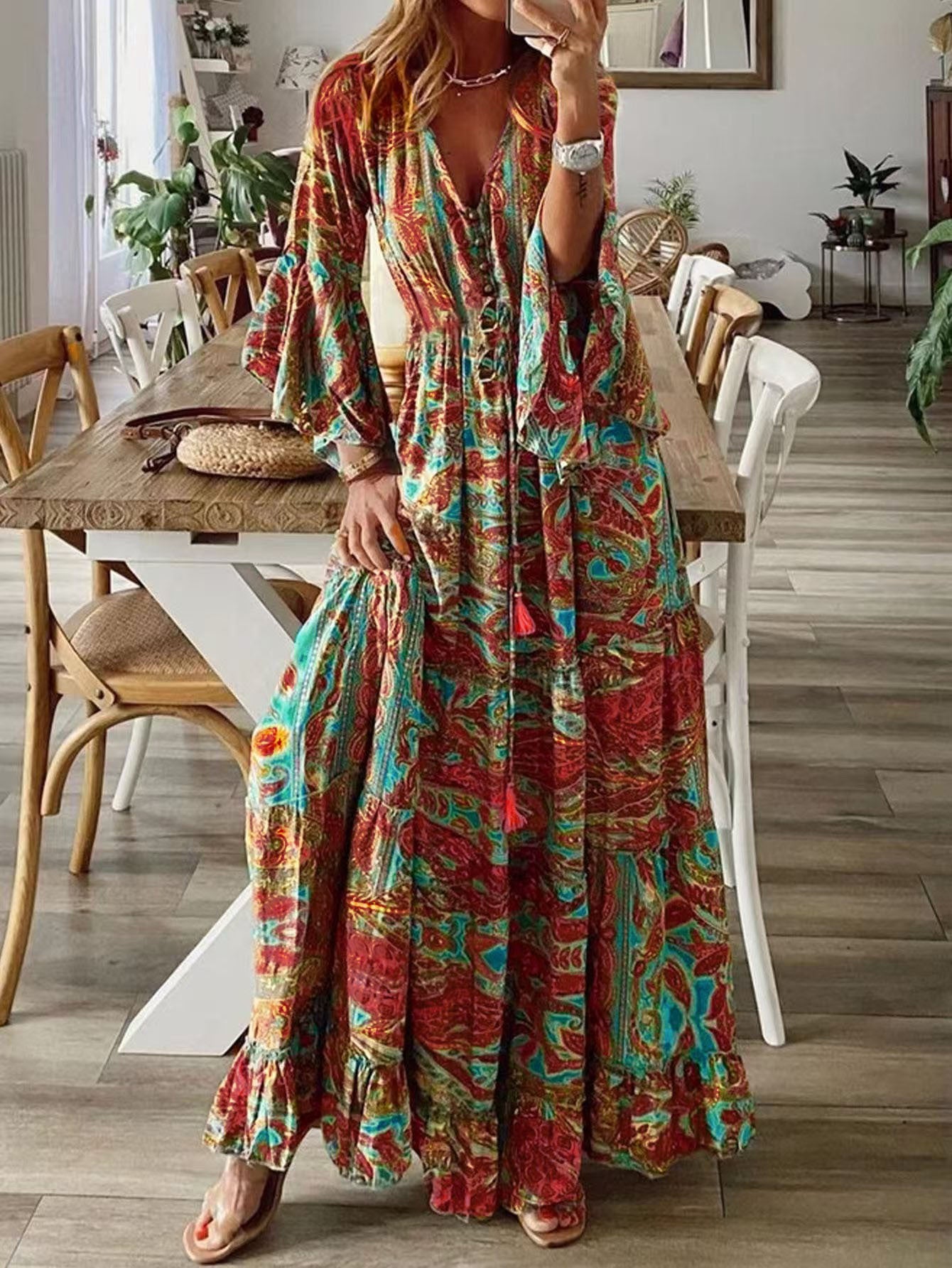 Women's Boho Floral V-Neck Bell Sleeve Maxi Dress Flowy