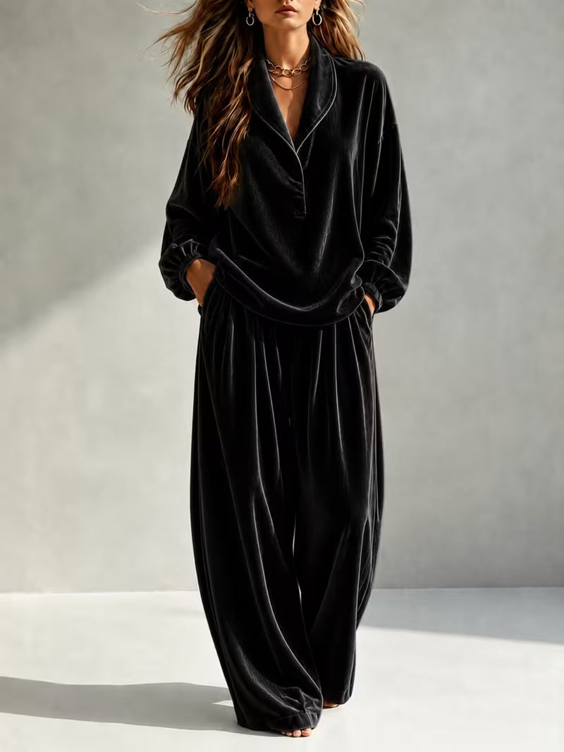 Women's Velvet Collared Lounge Set Wide Leg Pants