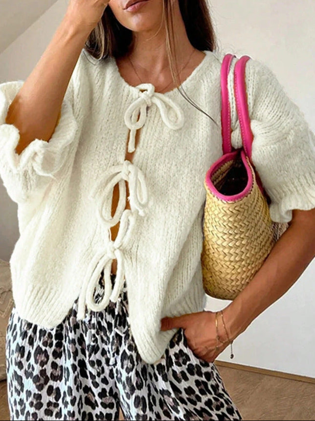 Women's Tie Front Knit Cardigan Ruffle Sleeve