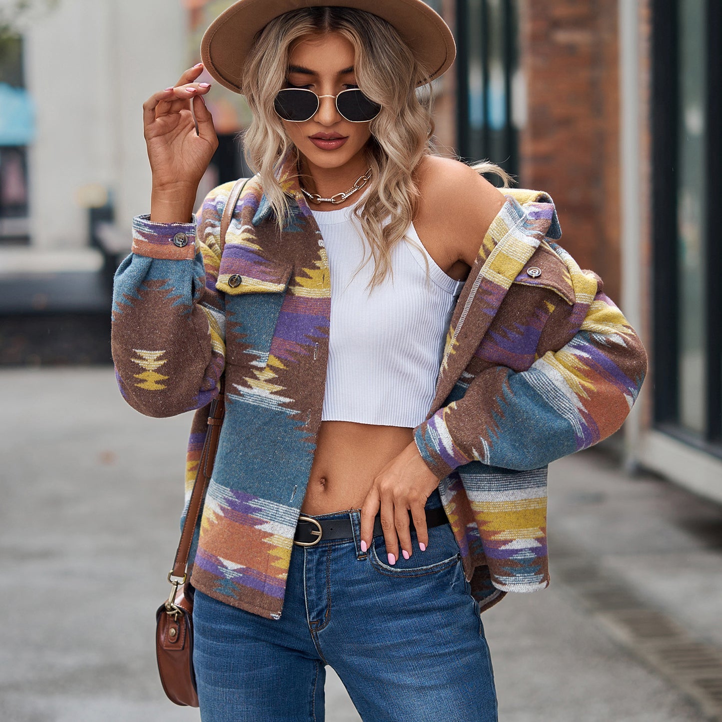 Women's Aztec Shacket Oversized Button Front Jacket