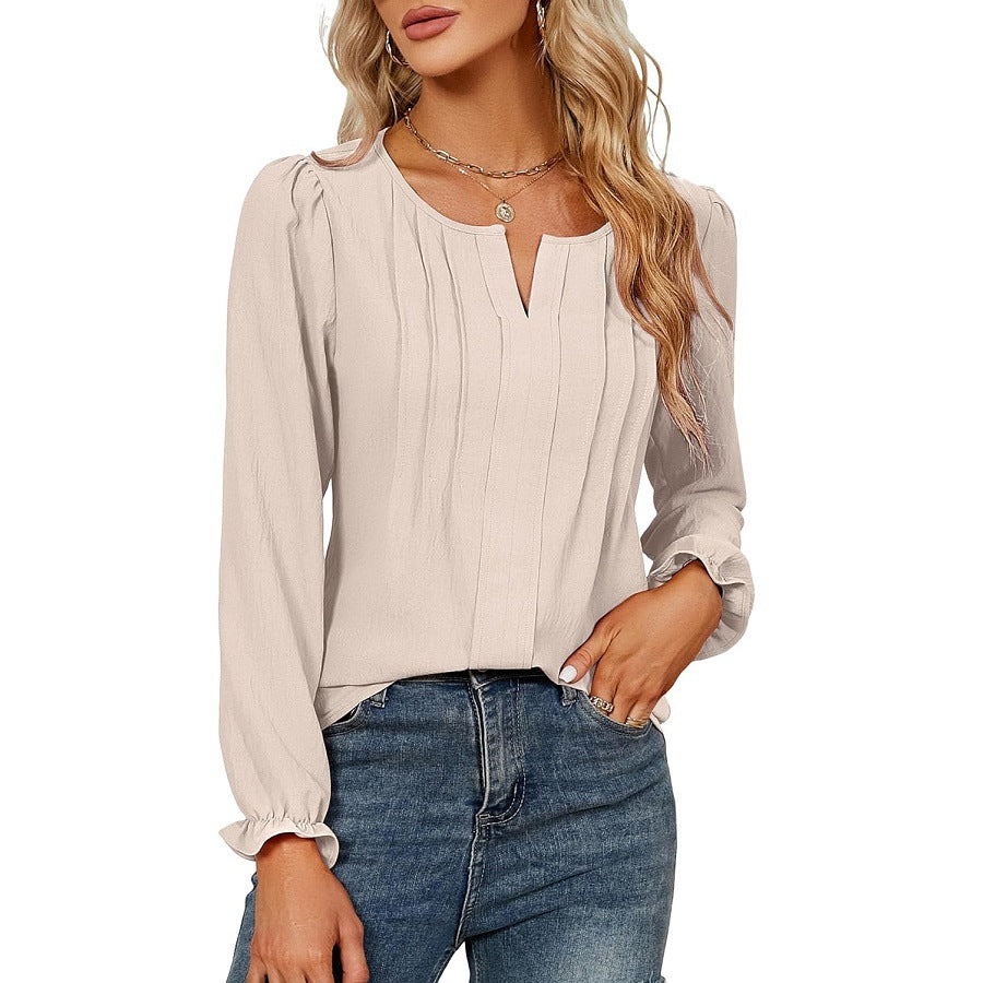 Pleated Chiffon V Neck Long Sleeve Casual Blouse