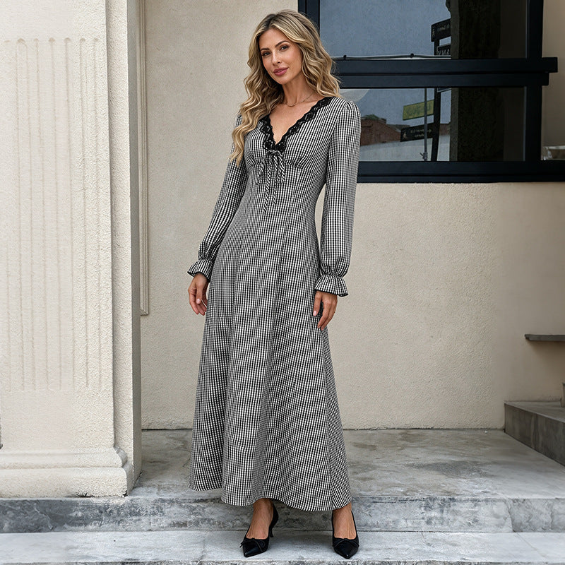 Women's Plaid V-Neck Ruffle Long Sleeve Maxi Dress