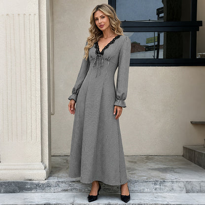 Women's Plaid V-Neck Ruffle Long Sleeve Maxi Dress