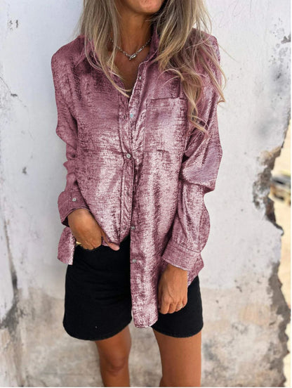 Women's Metallic Suede Button Down Shirt Long Sleeve Tunic