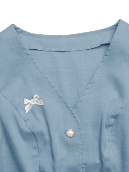 Blue Linen Look V Neck Vest & Shorts Set Summer Workwear