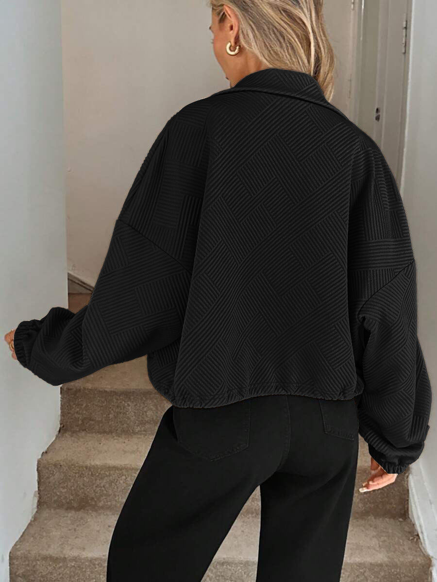 Textured Zip Up Bomber Jacket Drawstring Hem Casual Coat