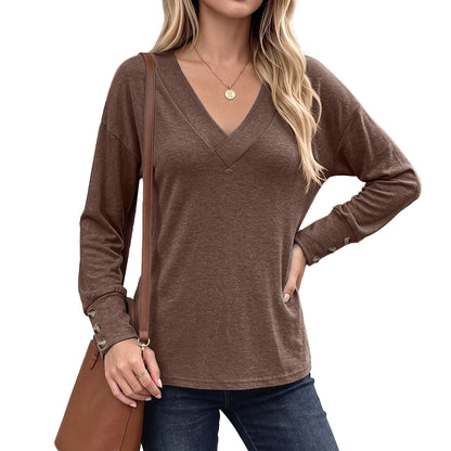 Womens Oversized V Neck Long Sleeve Button Cuff Top