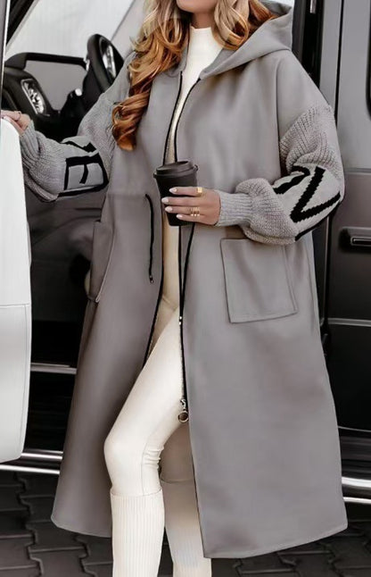 Women's Hooded Long Patchwork Knit Sleeve Jacket
