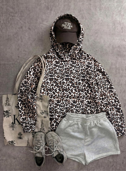 Leopard Print Hoodie Kangaroo Pocket Relaxed Fit