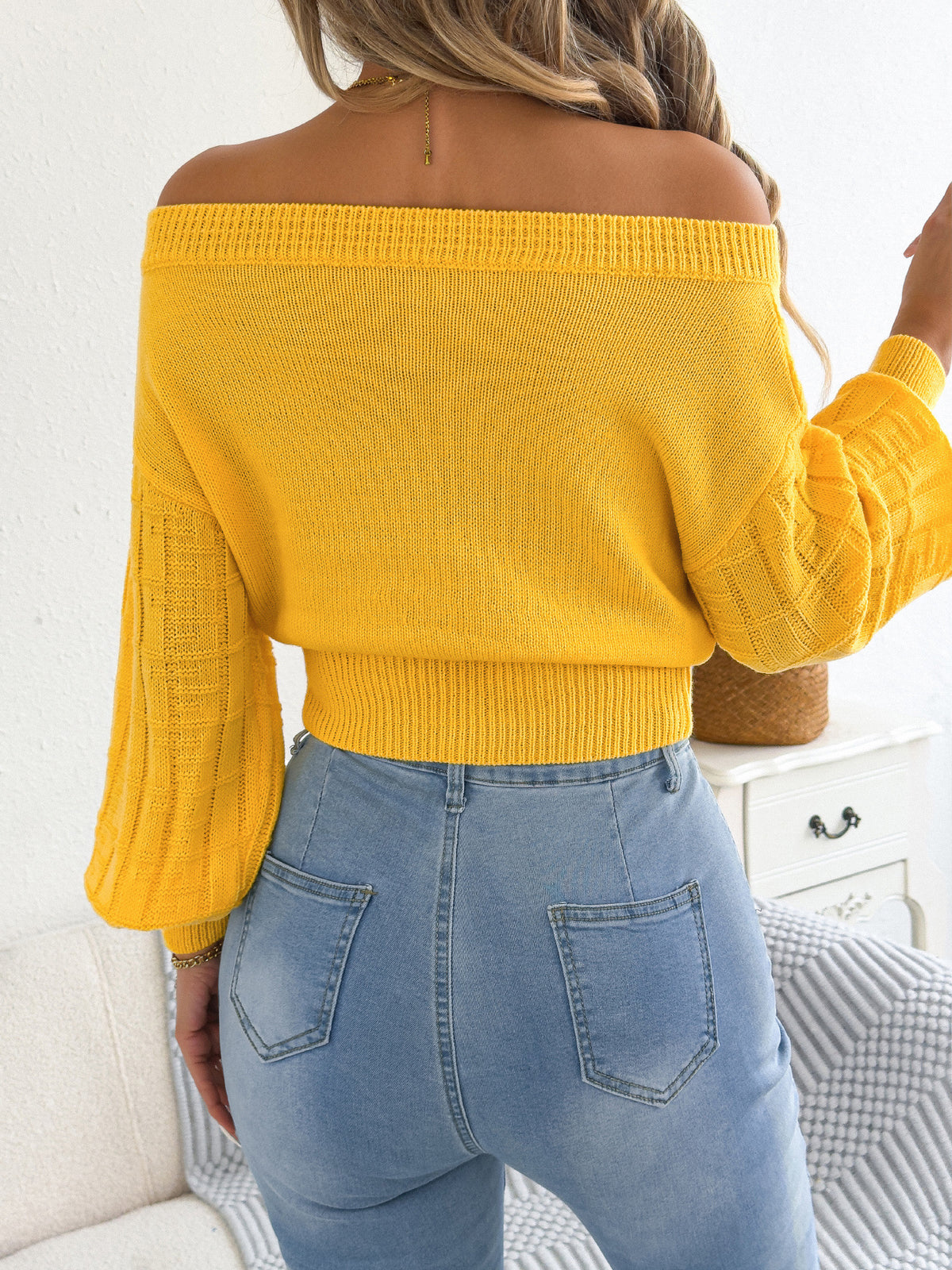 Off Shoulder Cutout Cropped Sweater Lantern Sleeve Top
