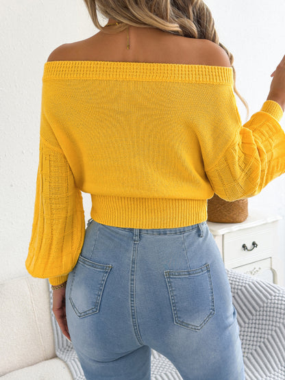 Off Shoulder Cutout Cropped Sweater Lantern Sleeve Top