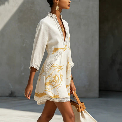 Boho V Neck Lace Trim Gold Abstract 3/4 Sleeve Mini Dress