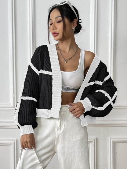 Color Block Cardigan Sweater with Loose Fit for Fall