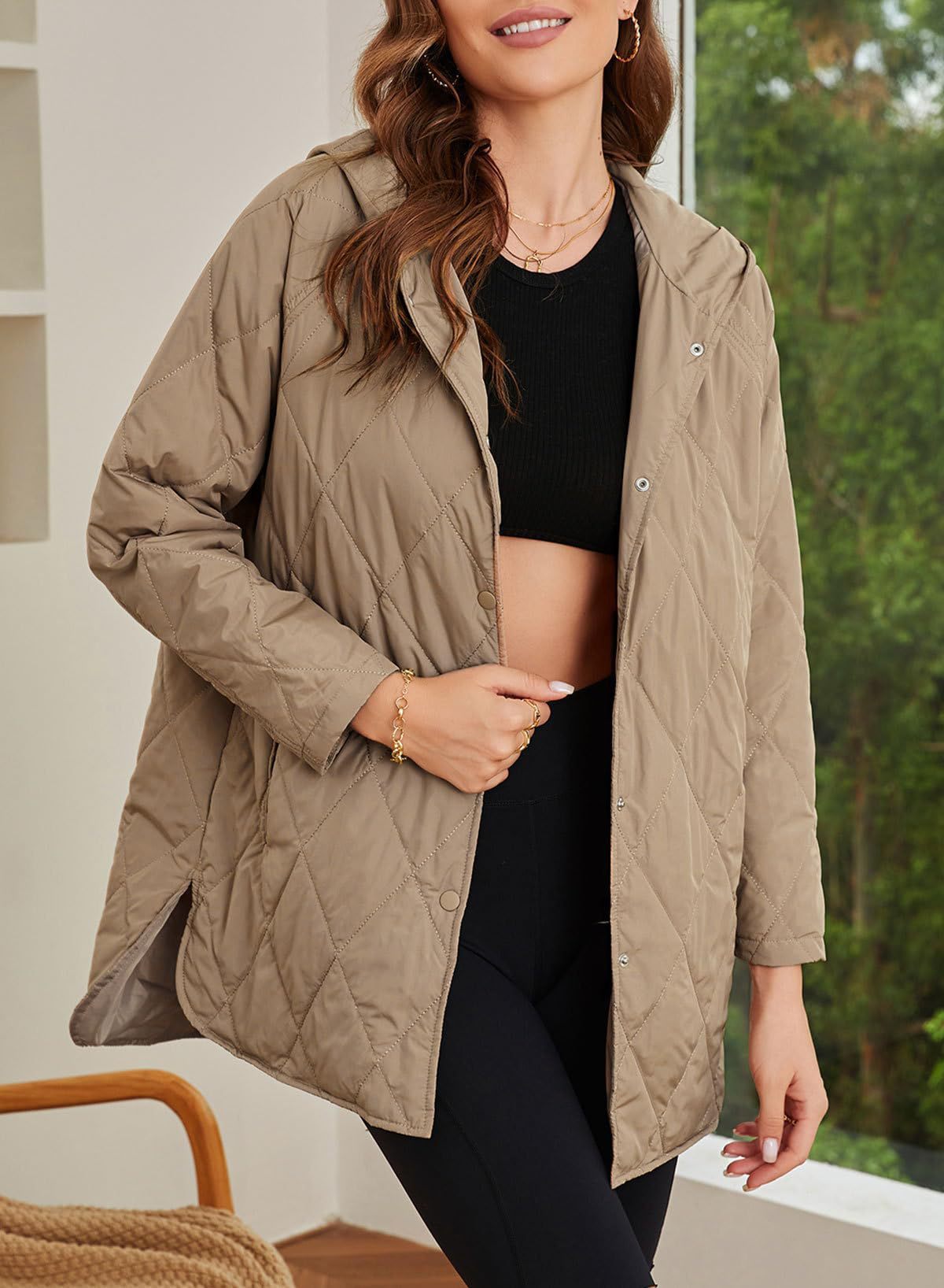 Womens Oversized Hooded Quilted Lightweight Jacket