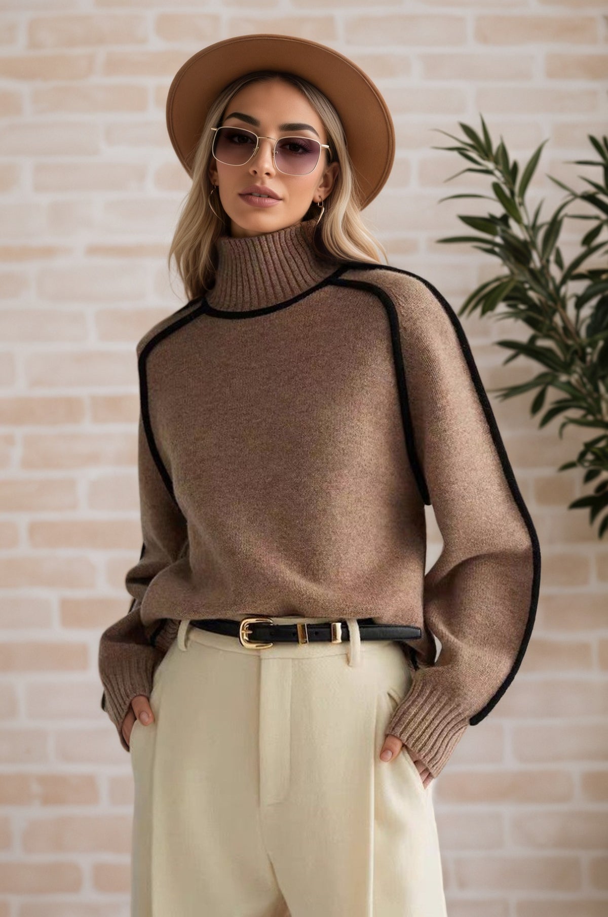 Women's Mock Neck Ribbed Sweater Contrast Trim Pullover