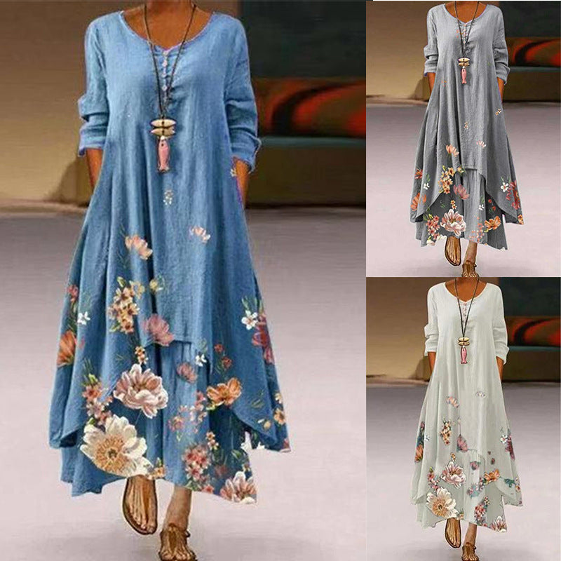 Women's Boho Floral Long Sleeve Asymmetrical Maxi Dress