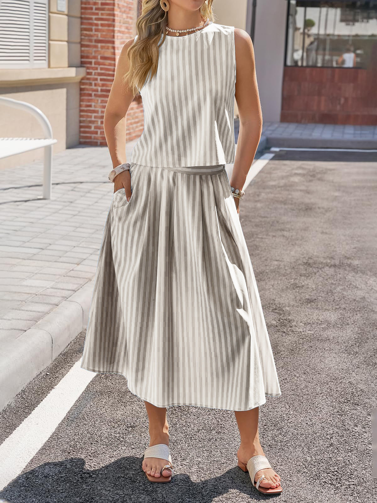 Women's Striped Cotton Tank & Midi Skirt Two-Piece Set