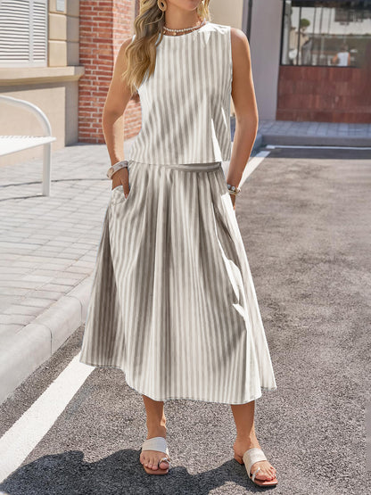 Women's Striped Cotton Tank & Midi Skirt Two-Piece Set