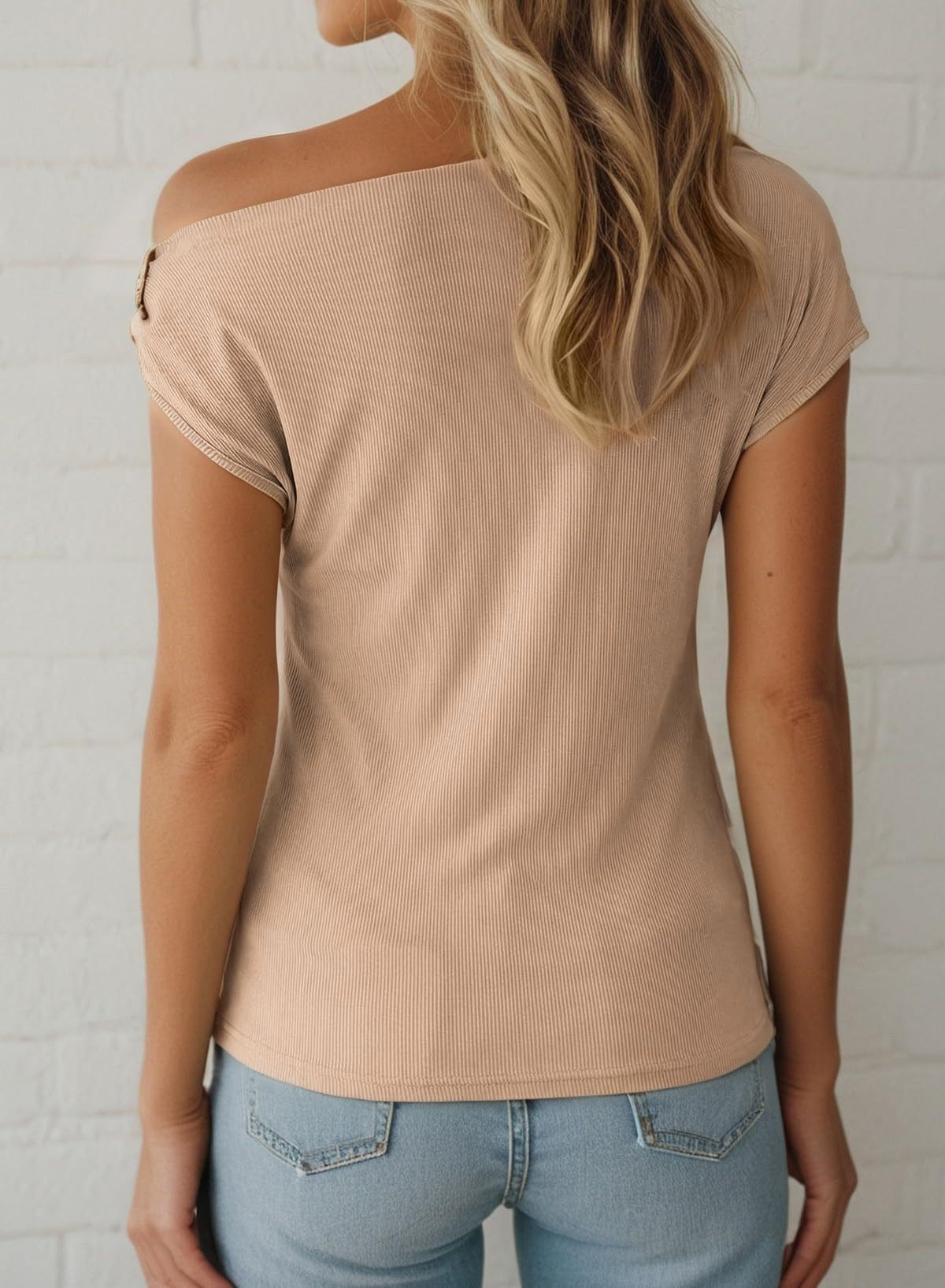 Ribbed One Shoulder Top Metal Buckle Slim Tee