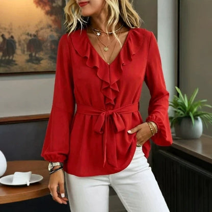 Ruffle V-Neck Tie Waist Lantern Sleeve Blouse