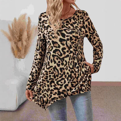 Women's Leopard Print Long Sleeve Tunic Asymmetric Hem Top