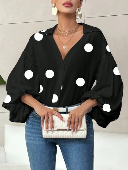 Black V Neck Lantern Sleeve Blouse Loose Fit Top