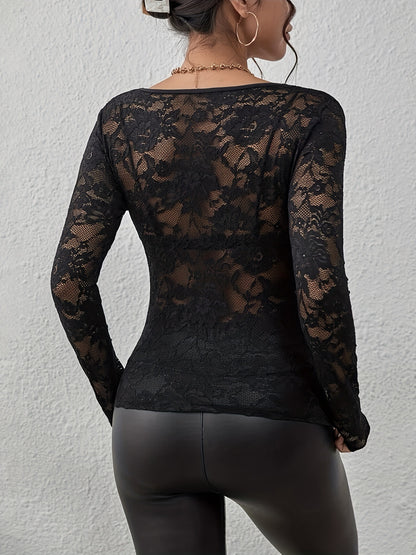 Women's V-Neck Long Sleeve Floral Lace Scalloped Top