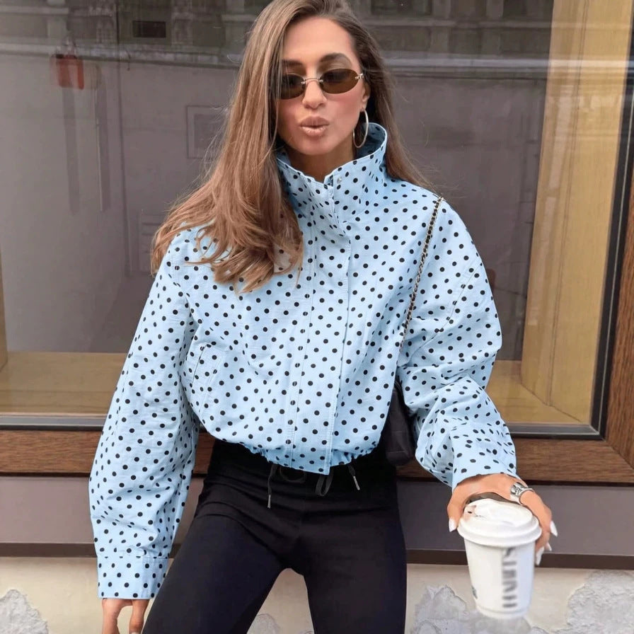 Women Polka Dot Zip Jacket Stand Collar Long Sleeve Pockets