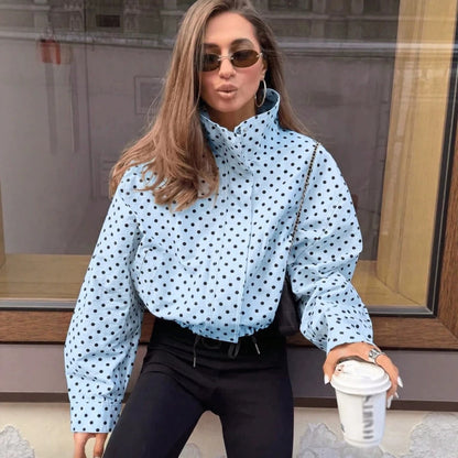 Women Polka Dot Zip Jacket Stand Collar Long Sleeve Pockets