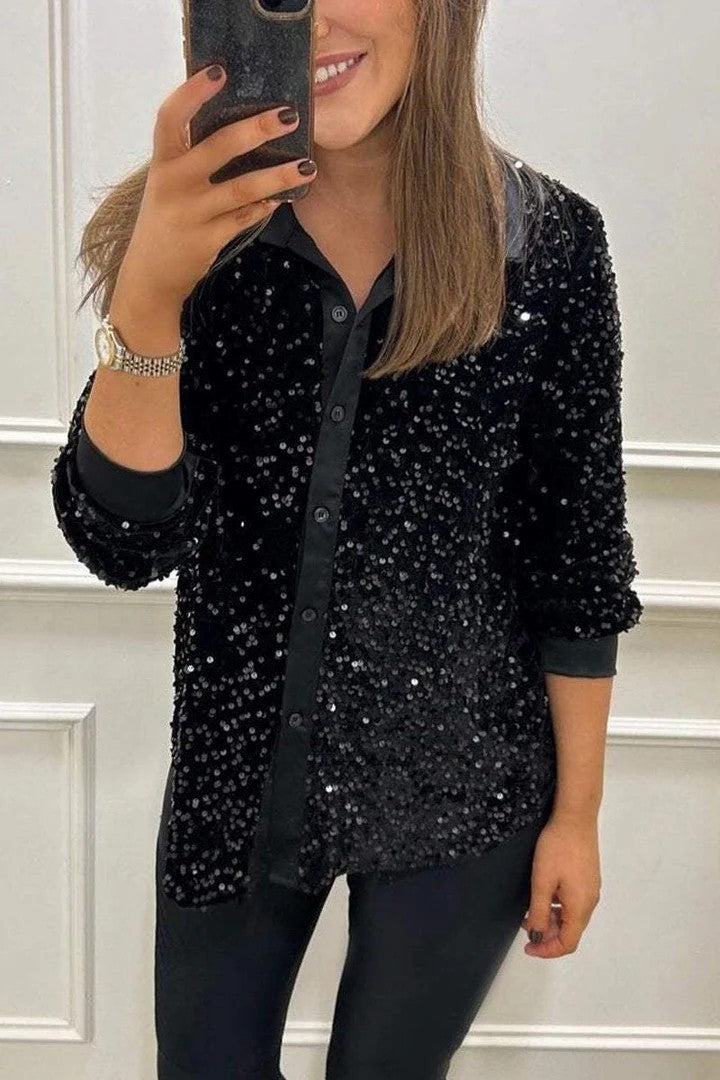 Sequin Button Down Shirt Long Sleeve Loose Casual Top