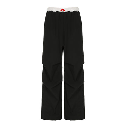 Lace Trim High Waist Baggy Cargo Pants Wide Leg