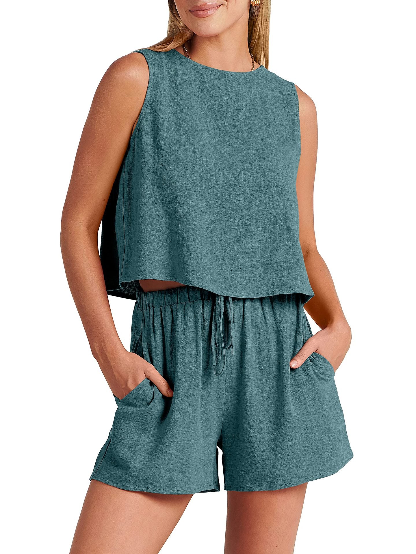 Sleeveless Top and Drawstring Shorts Two Piece Set