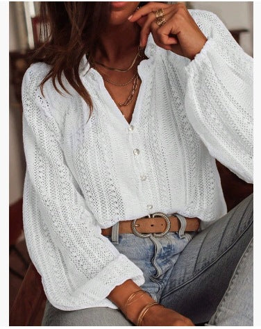 Women's Crochet Balloon Sleeve V Neck Blouse