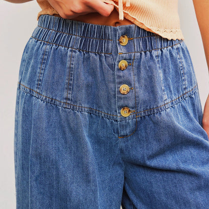 Vintage Wide Leg Denim Pants Elastic Waist Loose Jeans
