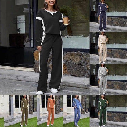 Color Block Sweatshirt Wide Leg Pants Two Piece Set
