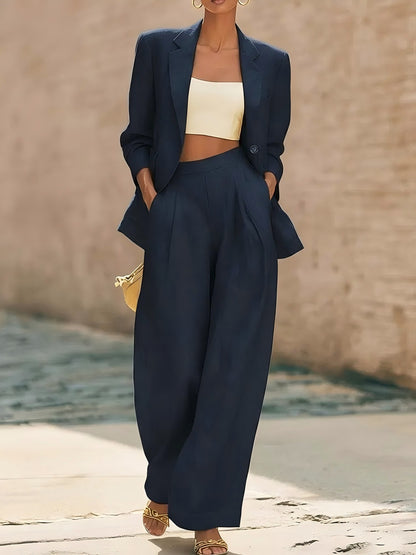 Women's Solid Blazer Wide Leg Pants Two Piece Matching Set
