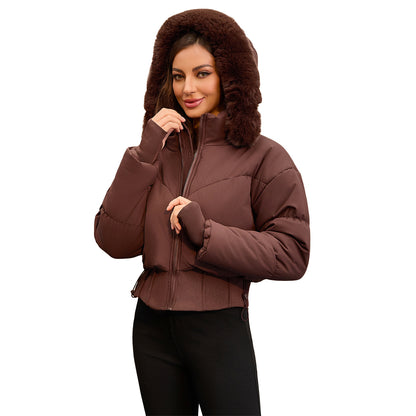 Women's Faux Fur Hood Cropped Cinch Waist Puffer Jacket