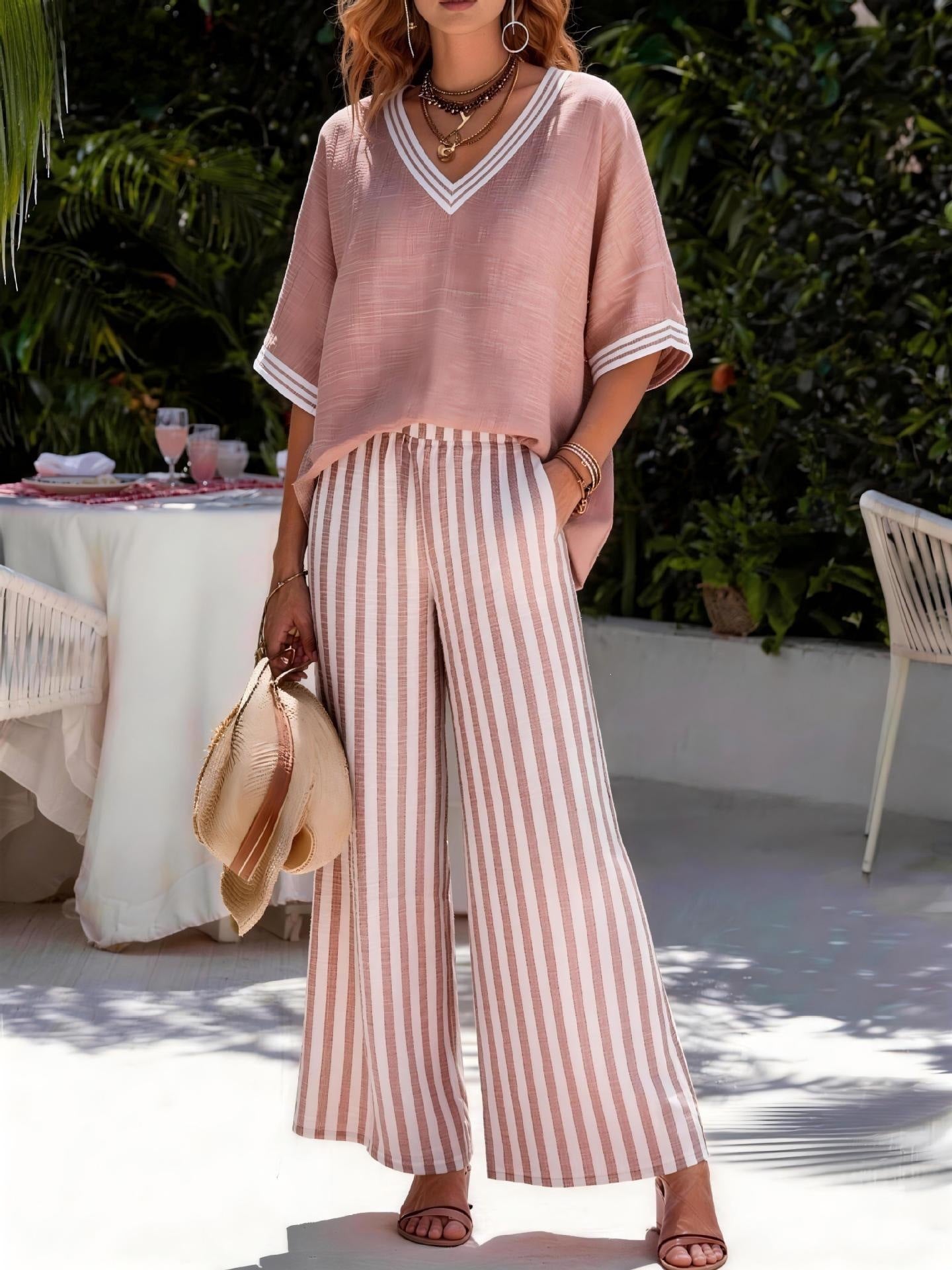 Women's Striped Wide Leg Pants V-Neck Top Two Piece Set