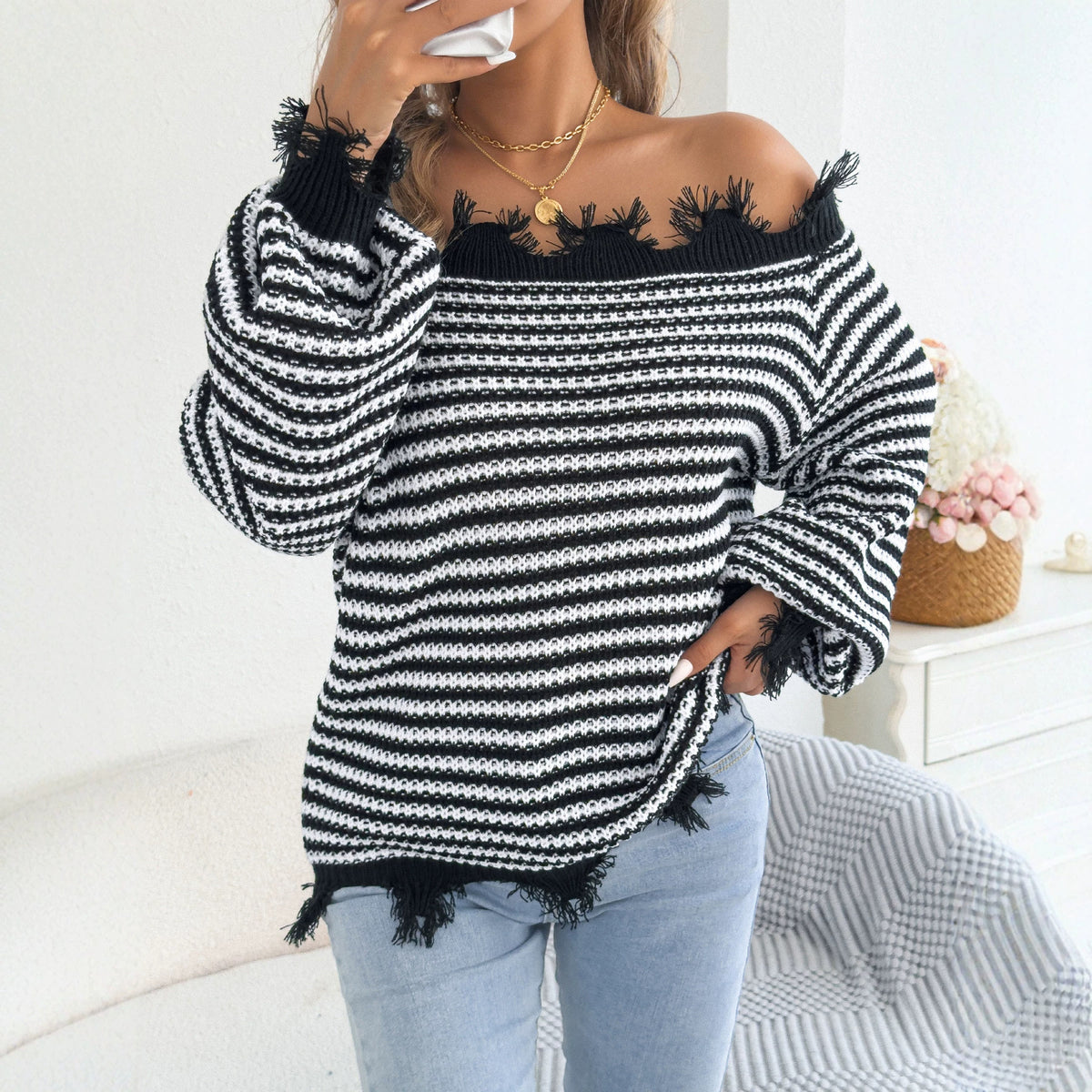 Off Shoulder Striped Sweater Distressed Balloon Sleeve